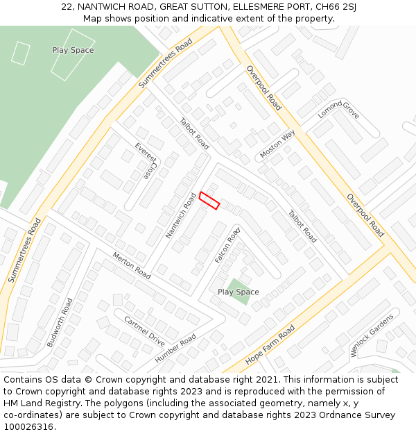 22, NANTWICH ROAD, GREAT SUTTON, ELLESMERE PORT, CH66 2SJ: Location map and indicative extent of plot