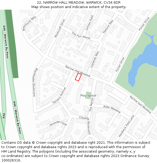 22, NARROW HALL MEADOW, WARWICK, CV34 6DR: Location map and indicative extent of plot