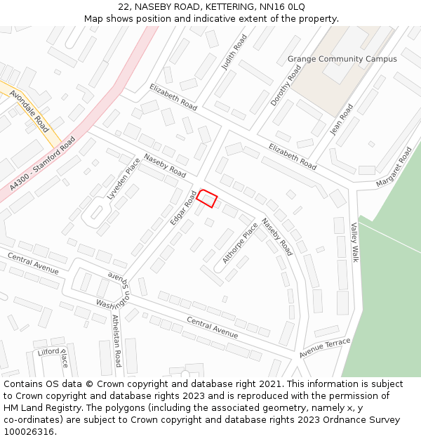 22, NASEBY ROAD, KETTERING, NN16 0LQ: Location map and indicative extent of plot