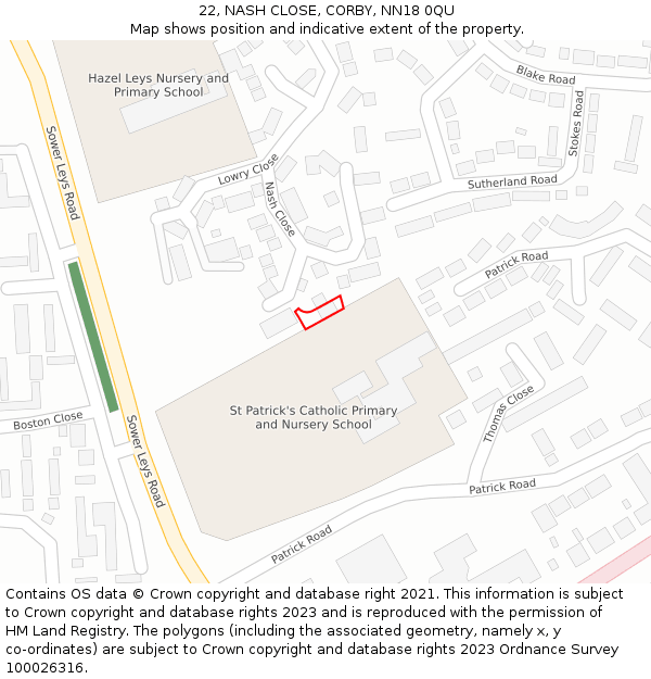 22, NASH CLOSE, CORBY, NN18 0QU: Location map and indicative extent of plot