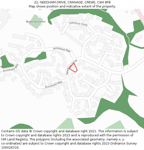 22, NEEDHAM DRIVE, CRANAGE, CREWE, CW4 8FB: Location map and indicative extent of plot