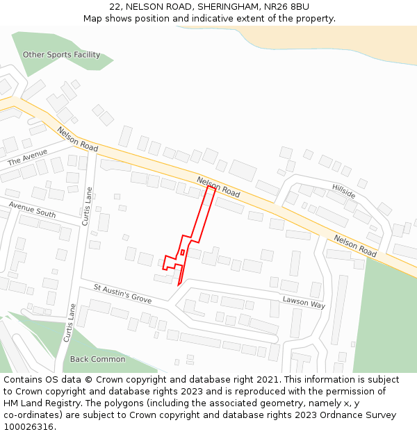 22, NELSON ROAD, SHERINGHAM, NR26 8BU: Location map and indicative extent of plot