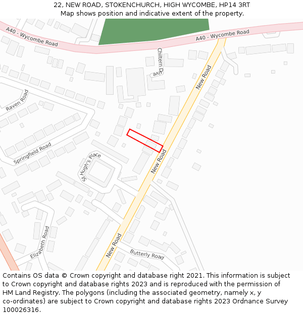 22, NEW ROAD, STOKENCHURCH, HIGH WYCOMBE, HP14 3RT: Location map and indicative extent of plot