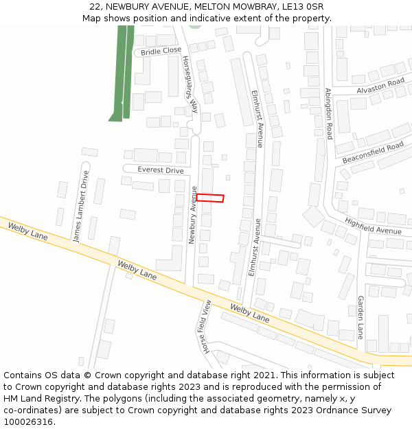22, NEWBURY AVENUE, MELTON MOWBRAY, LE13 0SR: Location map and indicative extent of plot