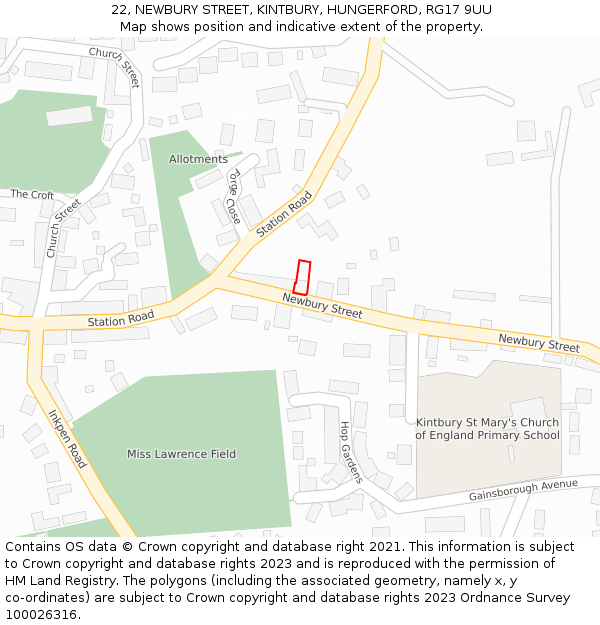 22, NEWBURY STREET, KINTBURY, HUNGERFORD, RG17 9UU: Location map and indicative extent of plot