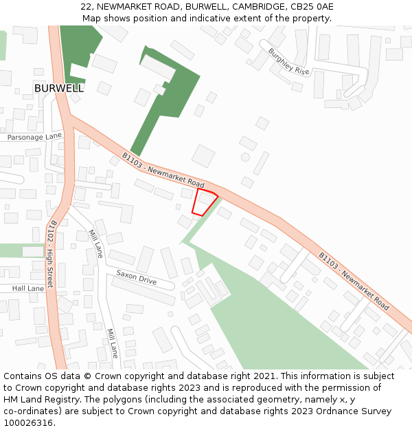 22, NEWMARKET ROAD, BURWELL, CAMBRIDGE, CB25 0AE: Location map and indicative extent of plot