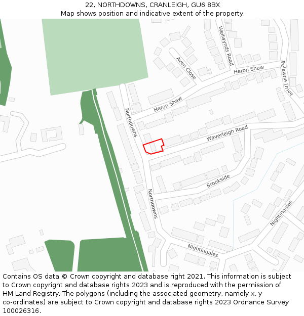 22, NORTHDOWNS, CRANLEIGH, GU6 8BX: Location map and indicative extent of plot