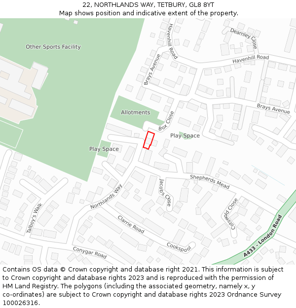22, NORTHLANDS WAY, TETBURY, GL8 8YT: Location map and indicative extent of plot