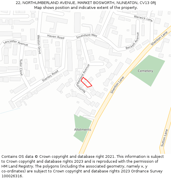 22, NORTHUMBERLAND AVENUE, MARKET BOSWORTH, NUNEATON, CV13 0RJ: Location map and indicative extent of plot