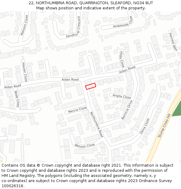 22, NORTHUMBRIA ROAD, QUARRINGTON, SLEAFORD, NG34 8UT: Location map and indicative extent of plot