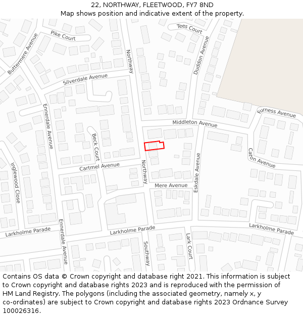 22, NORTHWAY, FLEETWOOD, FY7 8ND: Location map and indicative extent of plot