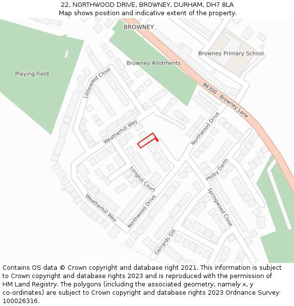 22, NORTHWOOD DRIVE, BROWNEY, DURHAM, DH7 8LA: Location map and indicative extent of plot