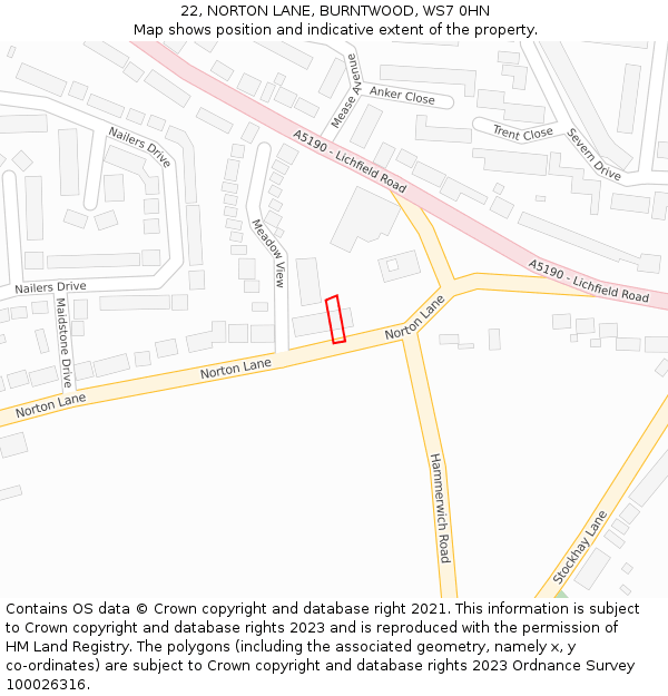 22, NORTON LANE, BURNTWOOD, WS7 0HN: Location map and indicative extent of plot