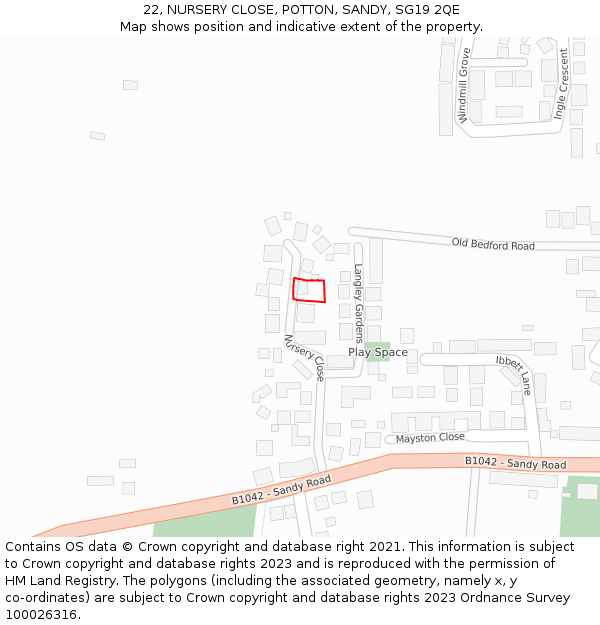 22, NURSERY CLOSE, POTTON, SANDY, SG19 2QE: Location map and indicative extent of plot