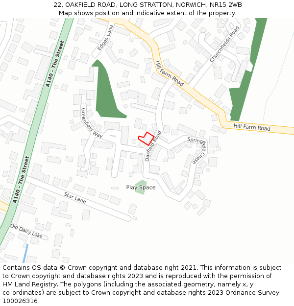 22, OAKFIELD ROAD, LONG STRATTON, NORWICH, NR15 2WB: Location map and indicative extent of plot