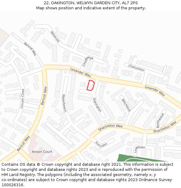 22, OAKINGTON, WELWYN GARDEN CITY, AL7 2PS: Location map and indicative extent of plot