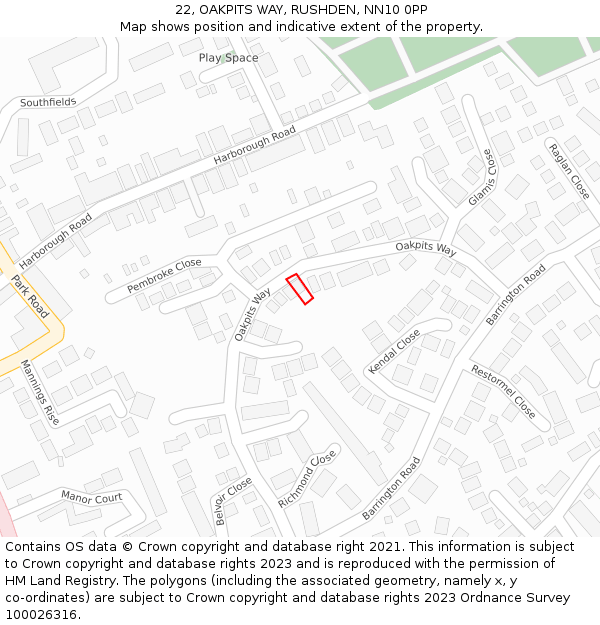 22, OAKPITS WAY, RUSHDEN, NN10 0PP: Location map and indicative extent of plot