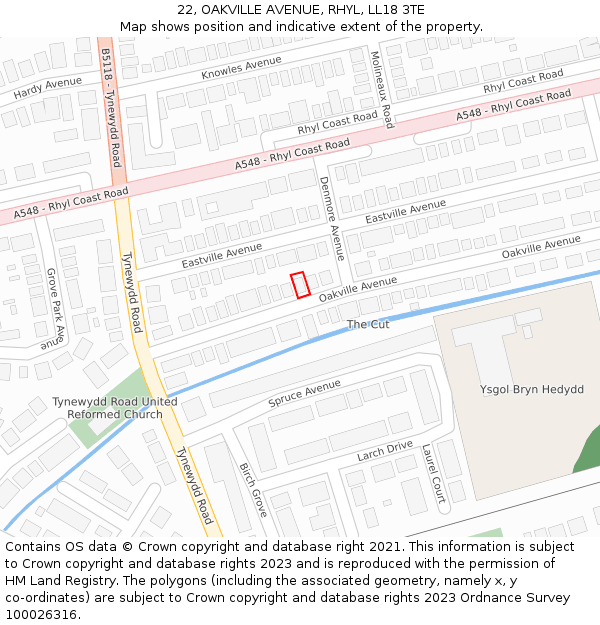 22, OAKVILLE AVENUE, RHYL, LL18 3TE: Location map and indicative extent of plot