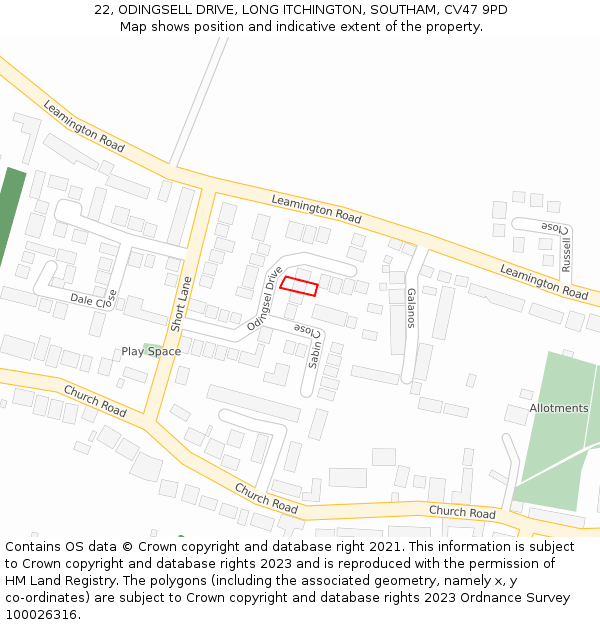 22, ODINGSELL DRIVE, LONG ITCHINGTON, SOUTHAM, CV47 9PD: Location map and indicative extent of plot