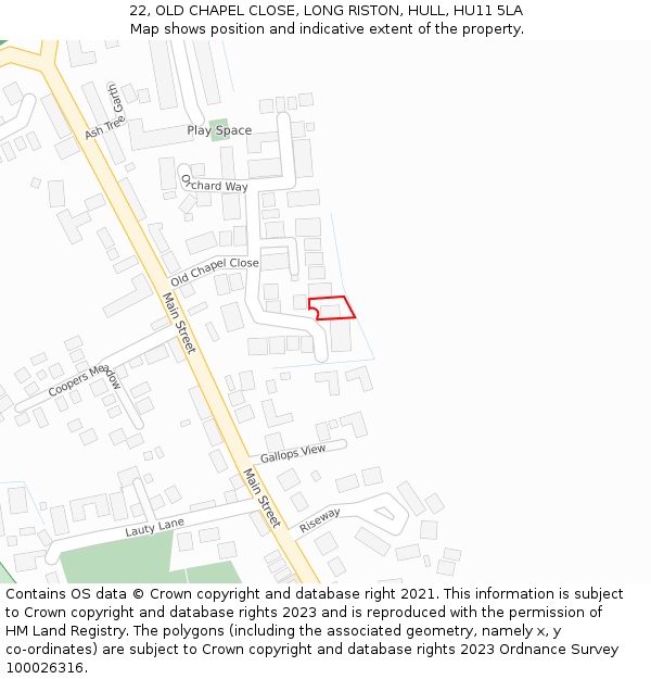 22, OLD CHAPEL CLOSE, LONG RISTON, HULL, HU11 5LA: Location map and indicative extent of plot