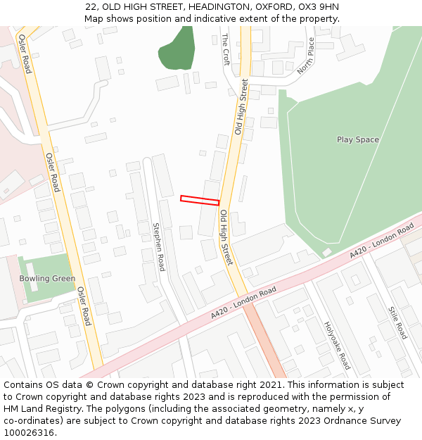 22, OLD HIGH STREET, HEADINGTON, OXFORD, OX3 9HN: Location map and indicative extent of plot