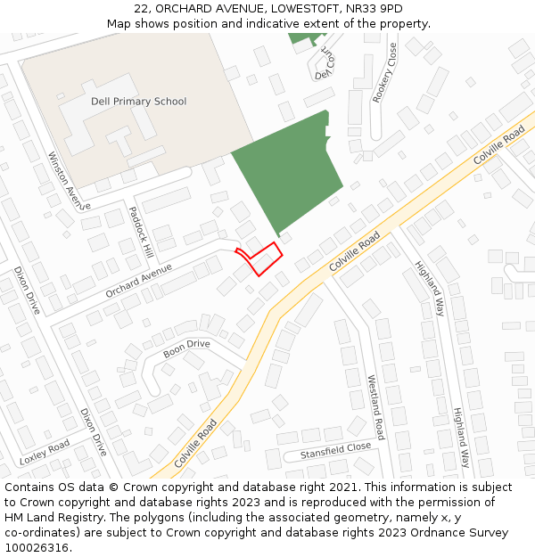 22, ORCHARD AVENUE, LOWESTOFT, NR33 9PD: Location map and indicative extent of plot