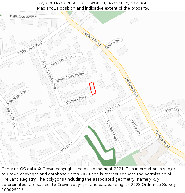 22, ORCHARD PLACE, CUDWORTH, BARNSLEY, S72 8GE: Location map and indicative extent of plot