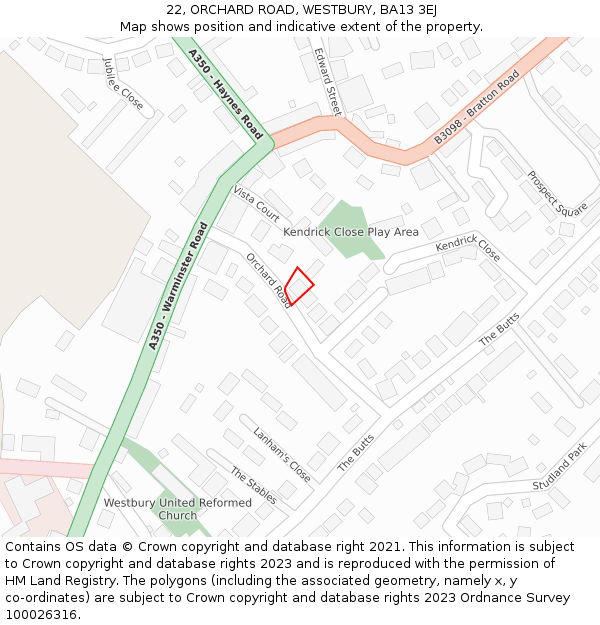 22, ORCHARD ROAD, WESTBURY, BA13 3EJ: Location map and indicative extent of plot