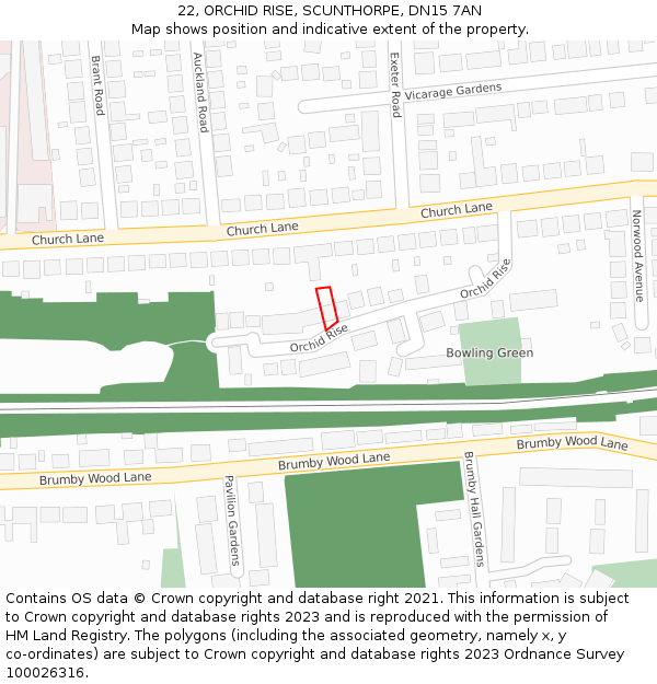 22, ORCHID RISE, SCUNTHORPE, DN15 7AN: Location map and indicative extent of plot