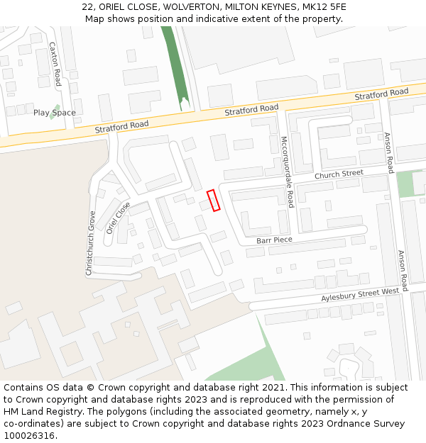 22, ORIEL CLOSE, WOLVERTON, MILTON KEYNES, MK12 5FE: Location map and indicative extent of plot