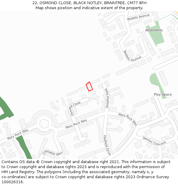 22, OSMOND CLOSE, BLACK NOTLEY, BRAINTREE, CM77 8FH: Location map and indicative extent of plot