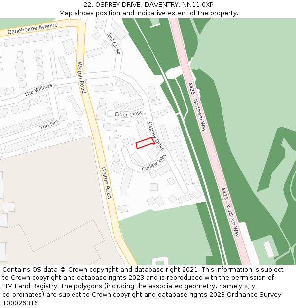 22, OSPREY DRIVE, DAVENTRY, NN11 0XP: Location map and indicative extent of plot