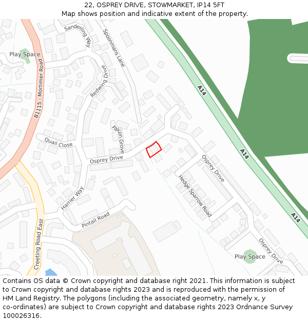 22, OSPREY DRIVE, STOWMARKET, IP14 5FT: Location map and indicative extent of plot