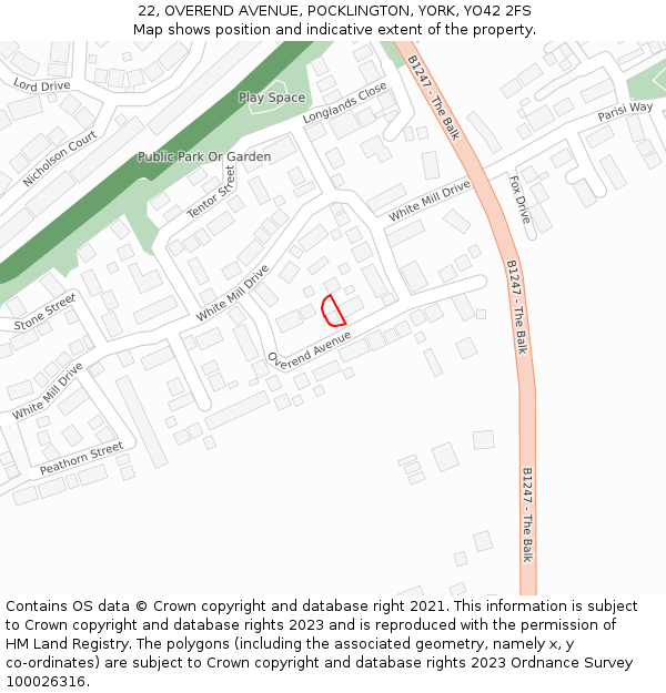 22, OVEREND AVENUE, POCKLINGTON, YORK, YO42 2FS: Location map and indicative extent of plot