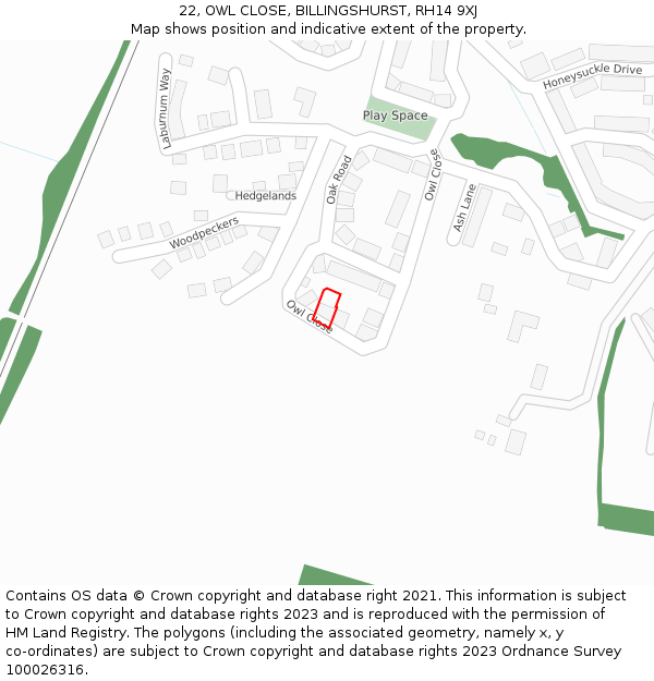 22, OWL CLOSE, BILLINGSHURST, RH14 9XJ: Location map and indicative extent of plot