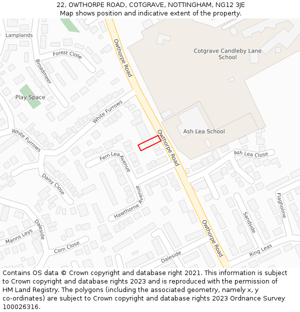 22, OWTHORPE ROAD, COTGRAVE, NOTTINGHAM, NG12 3JE: Location map and indicative extent of plot