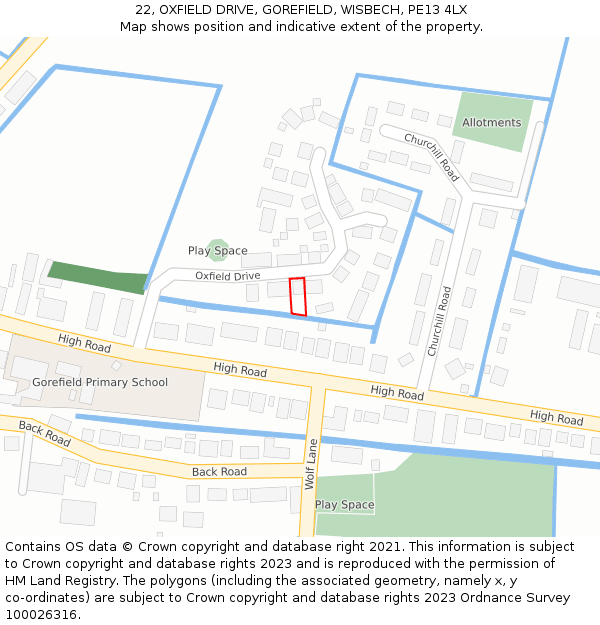22, OXFIELD DRIVE, GOREFIELD, WISBECH, PE13 4LX: Location map and indicative extent of plot