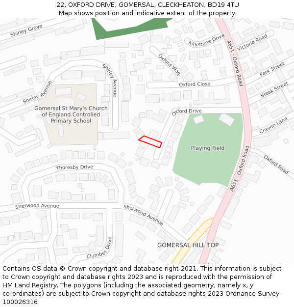 22, OXFORD DRIVE, GOMERSAL, CLECKHEATON, BD19 4TU: Location map and indicative extent of plot