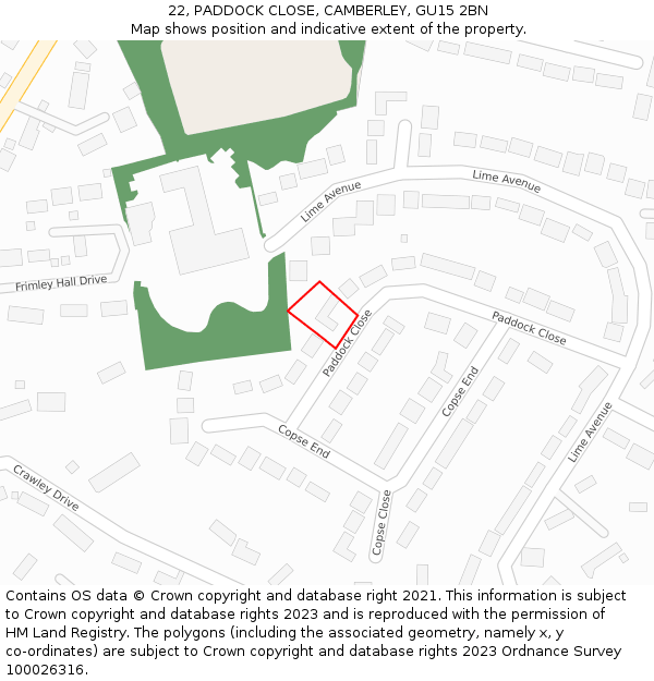 22, PADDOCK CLOSE, CAMBERLEY, GU15 2BN: Location map and indicative extent of plot