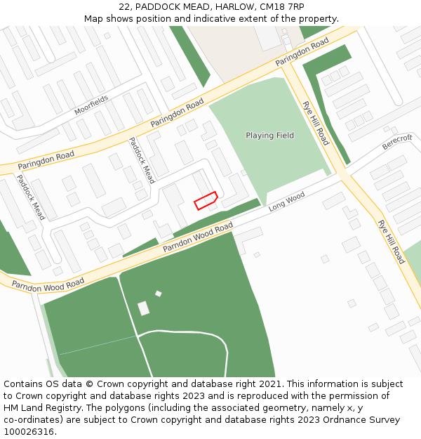 22, PADDOCK MEAD, HARLOW, CM18 7RP: Location map and indicative extent of plot