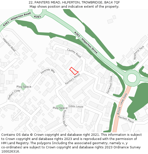 22, PAINTERS MEAD, HILPERTON, TROWBRIDGE, BA14 7QF: Location map and indicative extent of plot