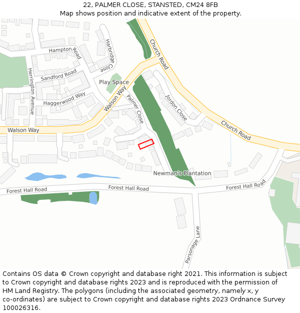 22, PALMER CLOSE, STANSTED, CM24 8FB: Location map and indicative extent of plot
