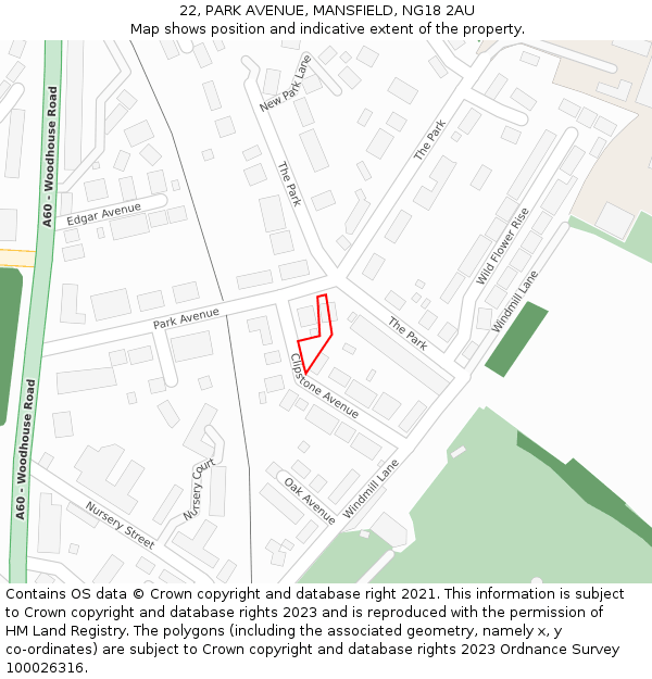 22, PARK AVENUE, MANSFIELD, NG18 2AU: Location map and indicative extent of plot