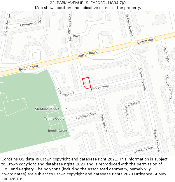 22, PARK AVENUE, SLEAFORD, NG34 7JQ: Location map and indicative extent of plot