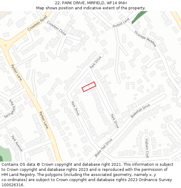 22, PARK DRIVE, MIRFIELD, WF14 9NH: Location map and indicative extent of plot