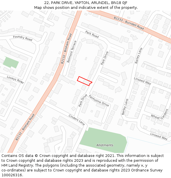 22, PARK DRIVE, YAPTON, ARUNDEL, BN18 0JF: Location map and indicative extent of plot