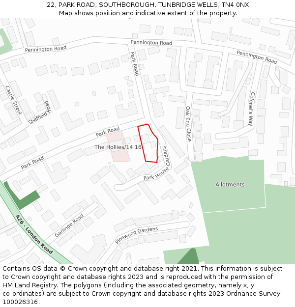 22, PARK ROAD, SOUTHBOROUGH, TUNBRIDGE WELLS, TN4 0NX: Location map and indicative extent of plot