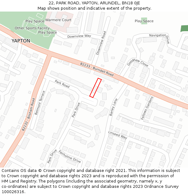 22, PARK ROAD, YAPTON, ARUNDEL, BN18 0JE: Location map and indicative extent of plot