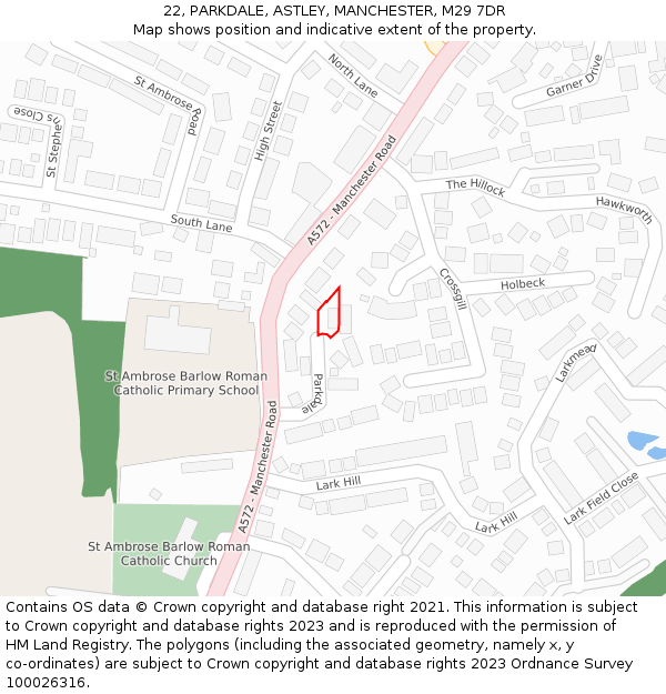 22, PARKDALE, ASTLEY, MANCHESTER, M29 7DR: Location map and indicative extent of plot