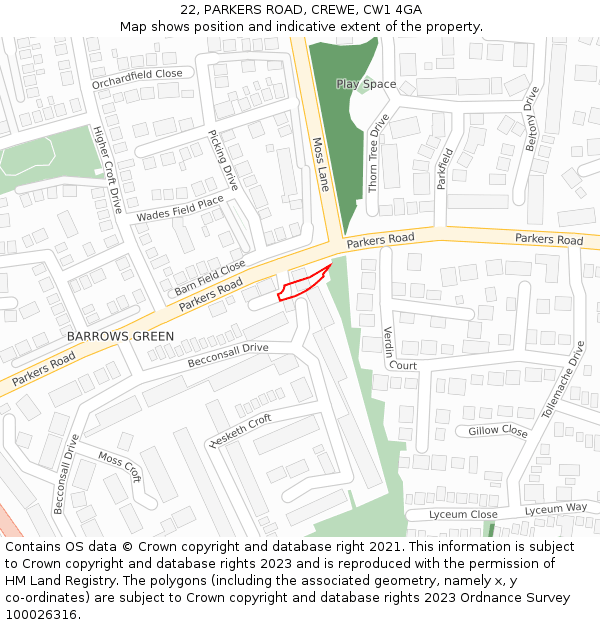 22, PARKERS ROAD, CREWE, CW1 4GA: Location map and indicative extent of plot